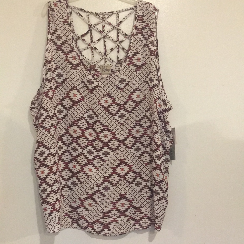 Como Vintage Women’s sleeveless Top NEW Size 3X Brown Aztec lattice Design Back